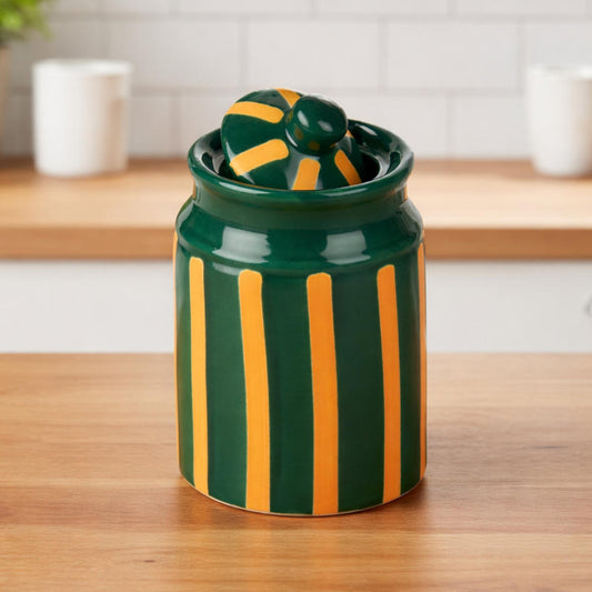 Ceramic Jar with Lid (500 ml, Green & Mustard Striped)