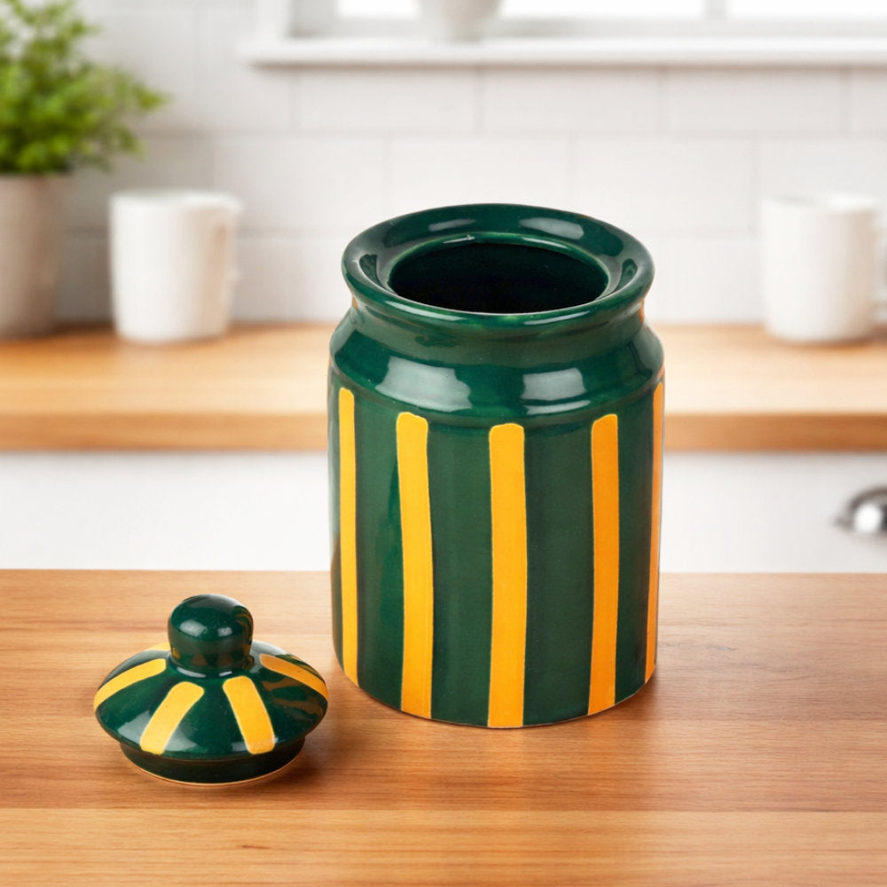 Ceramic Jar with Lid (500 ml, Green & Mustard Striped) - View 3