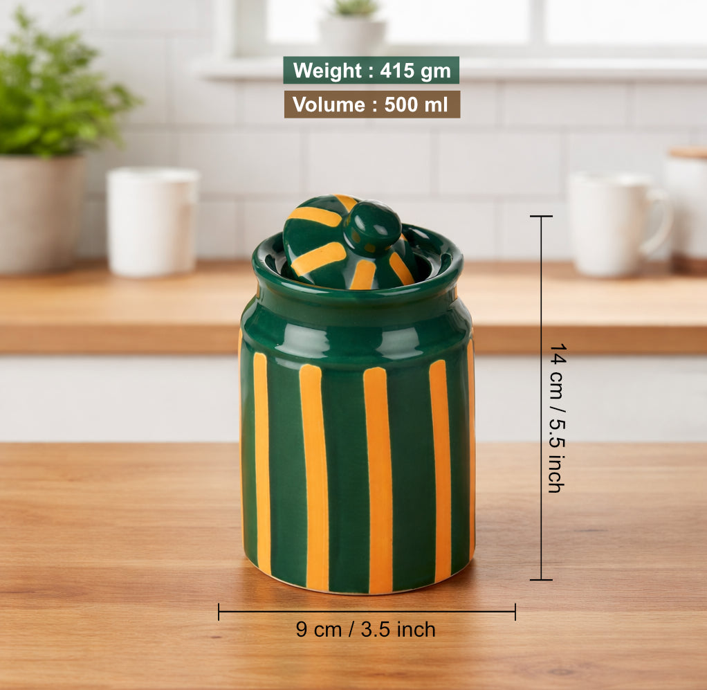 Ceramic Jar with Lid (500 ml, Green & Mustard Striped) - View 2