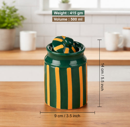 Ceramic Jar with Lid (500 ml, Green & Mustard Striped) - View 2