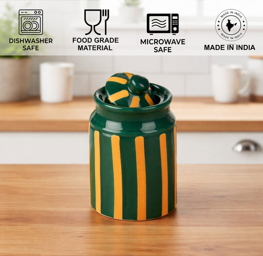 Ceramic Jar with Lid (500 ml, Green & Mustard Striped) - View 4