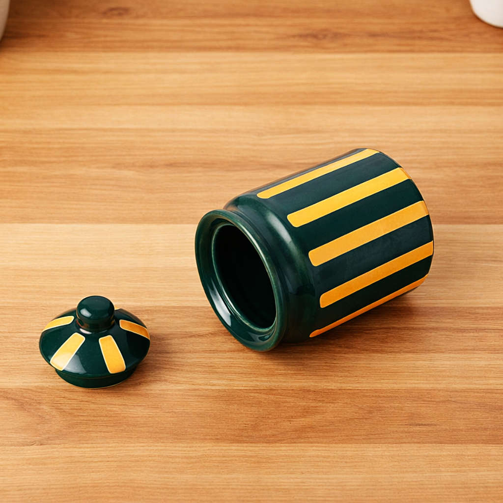 Ceramic Jar with Lid (500 ml, Green & Mustard Striped) - View 5