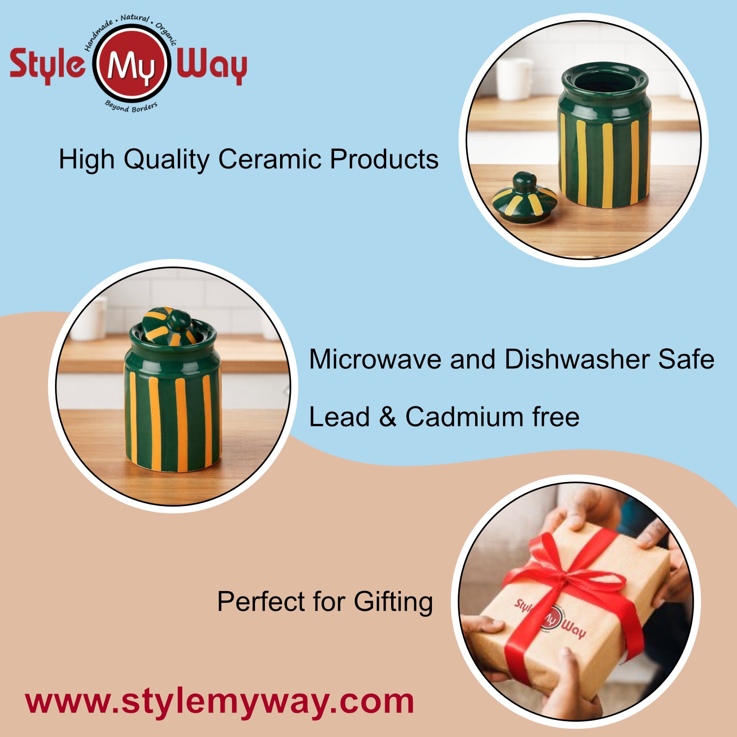 Ceramic Jar with Lid (500 ml, Green & Mustard Striped) - View 6