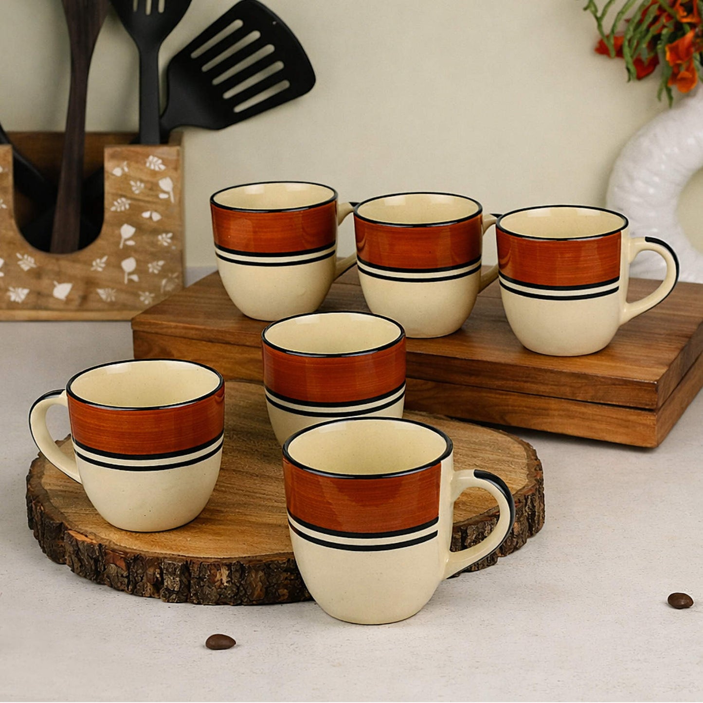 Ceramic Tea & Coffee Mugs (200 ml, Set of 6, White & Brown)