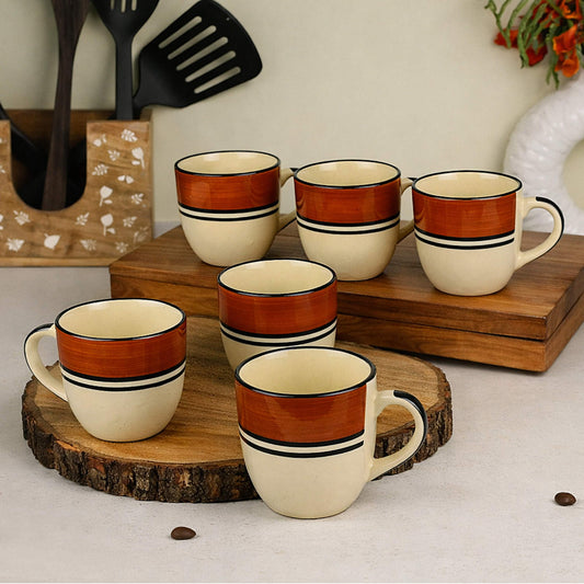 Ceramic Tea & Coffee Mugs (200 ml, Set of 6, White & Brown)