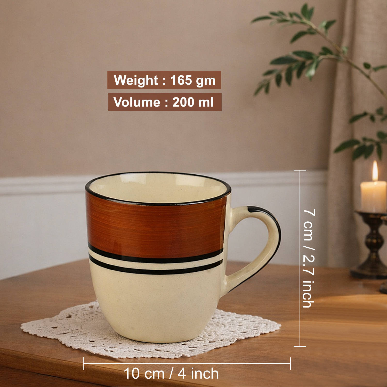 Ceramic Tea & Coffee Mugs (200 ml, Set of 6, White & Brown) - View 2