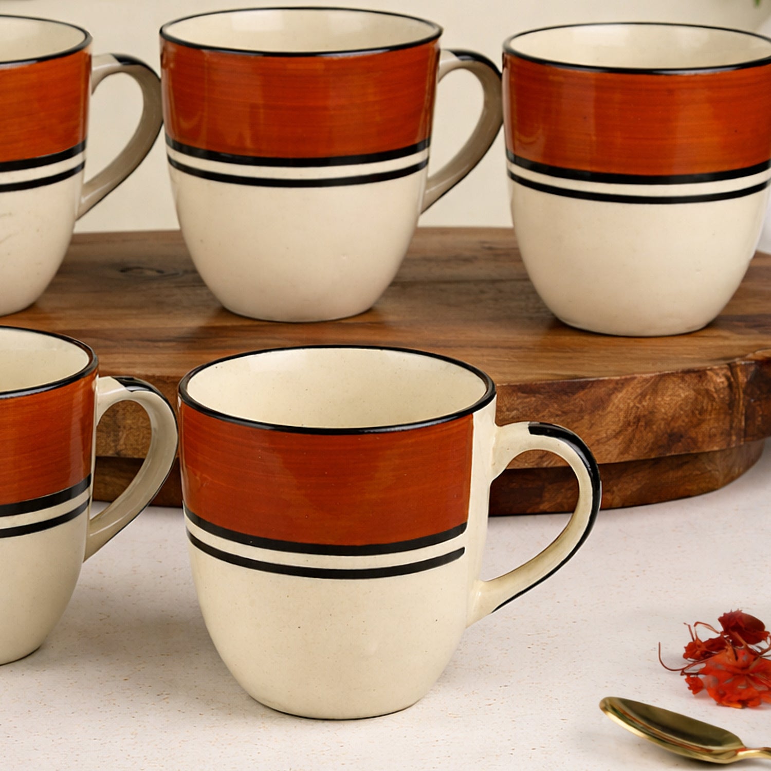Ceramic Tea & Coffee Mugs (200 ml, Set of 6, White & Brown) - View 3