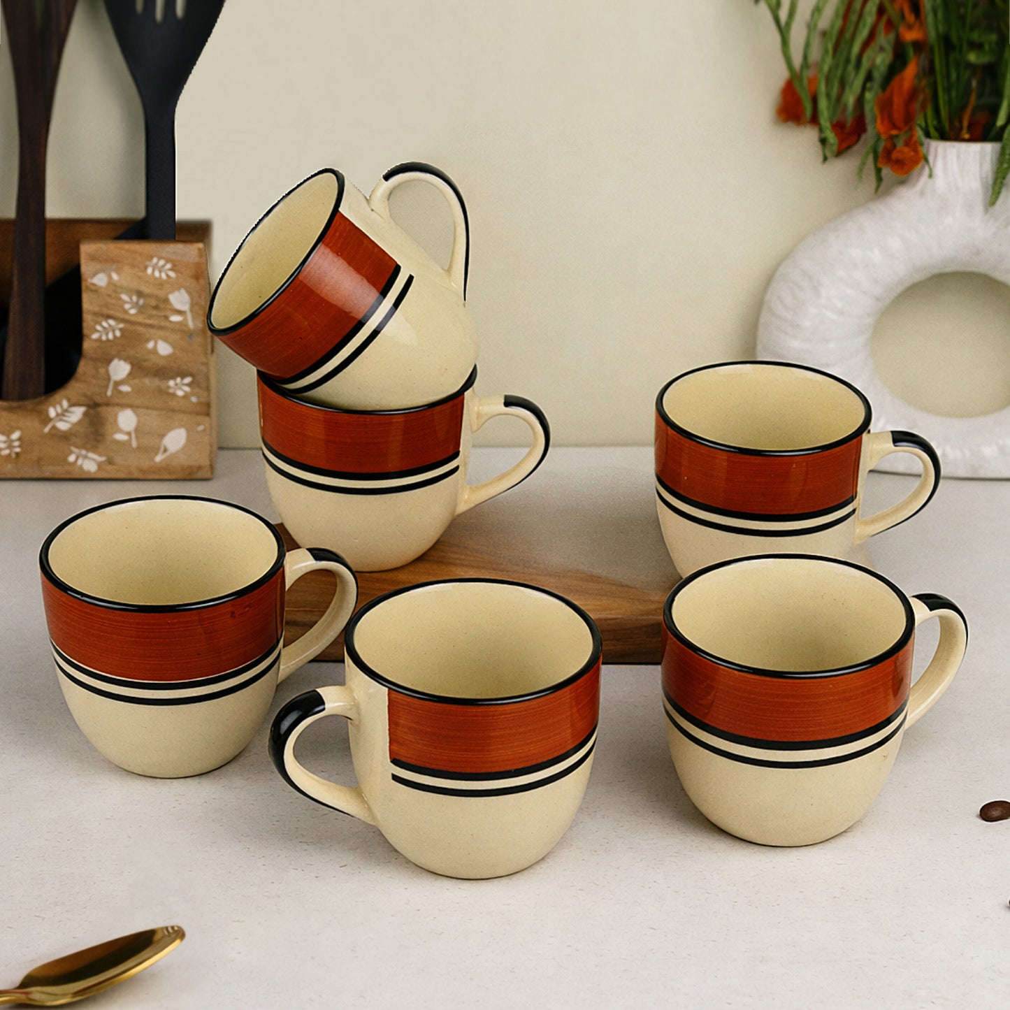 Ceramic Tea & Coffee Mugs (200 ml, Set of 6, White & Brown) - View 4