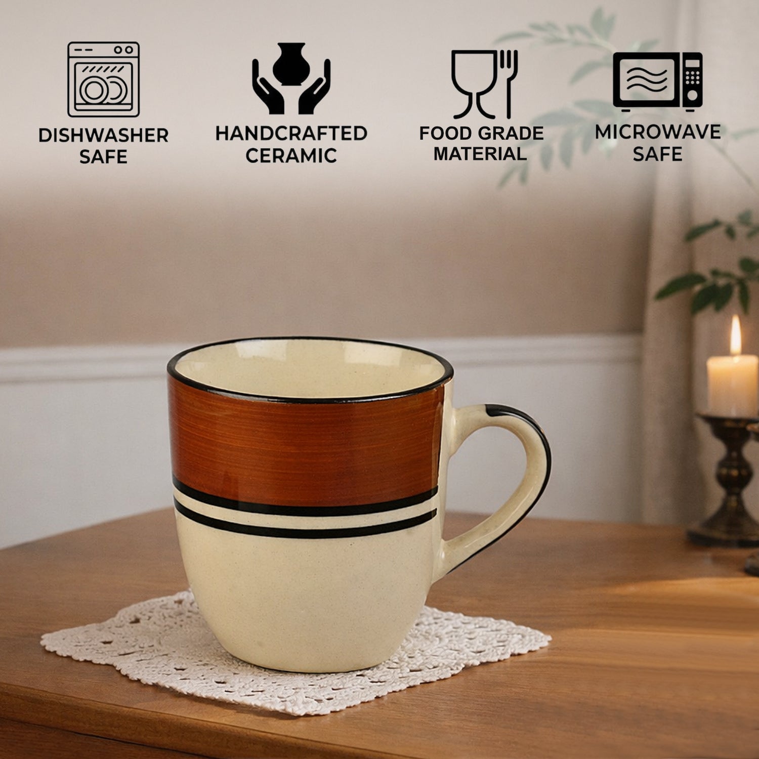 Ceramic Tea & Coffee Mugs (200 ml, Set of 6, White & Brown) - View 5