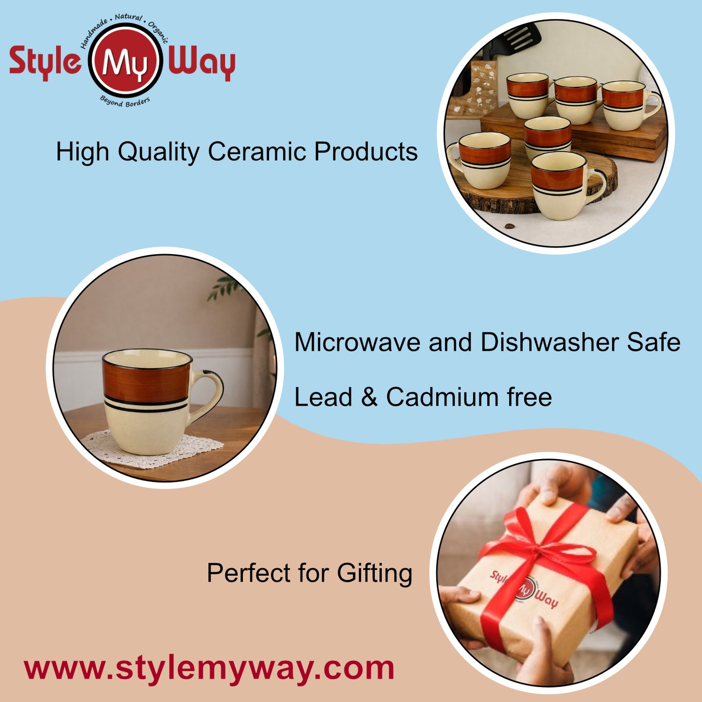 Ceramic Tea & Coffee Mugs (200 ml, Set of 6, White & Brown) - View 6