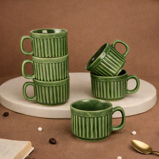 Ceramic Ribbed Tea & Coffee Mugs (200 ml, Set of 6, Green)