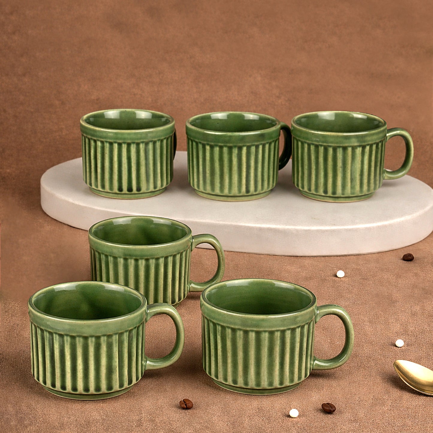 Ceramic Ribbed Tea & Coffee Mugs (200 ml, Set of 6, Green) - View 3