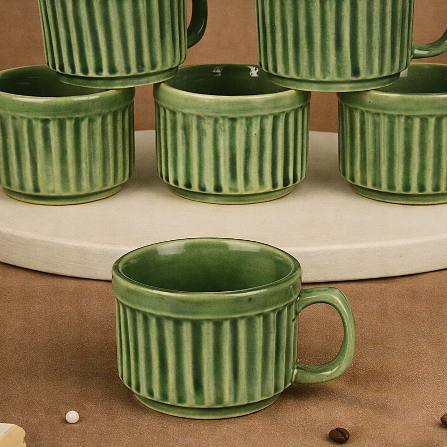 Ceramic Ribbed Tea & Coffee Mugs (200 ml, Set of 6, Green) - View 4