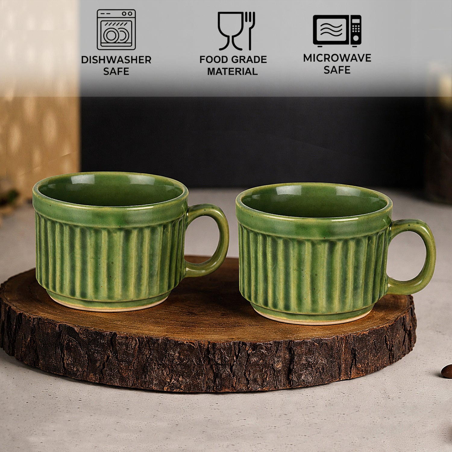 Ceramic Ribbed Tea & Coffee Mugs (200 ml, Set of 6, Green) - View 5