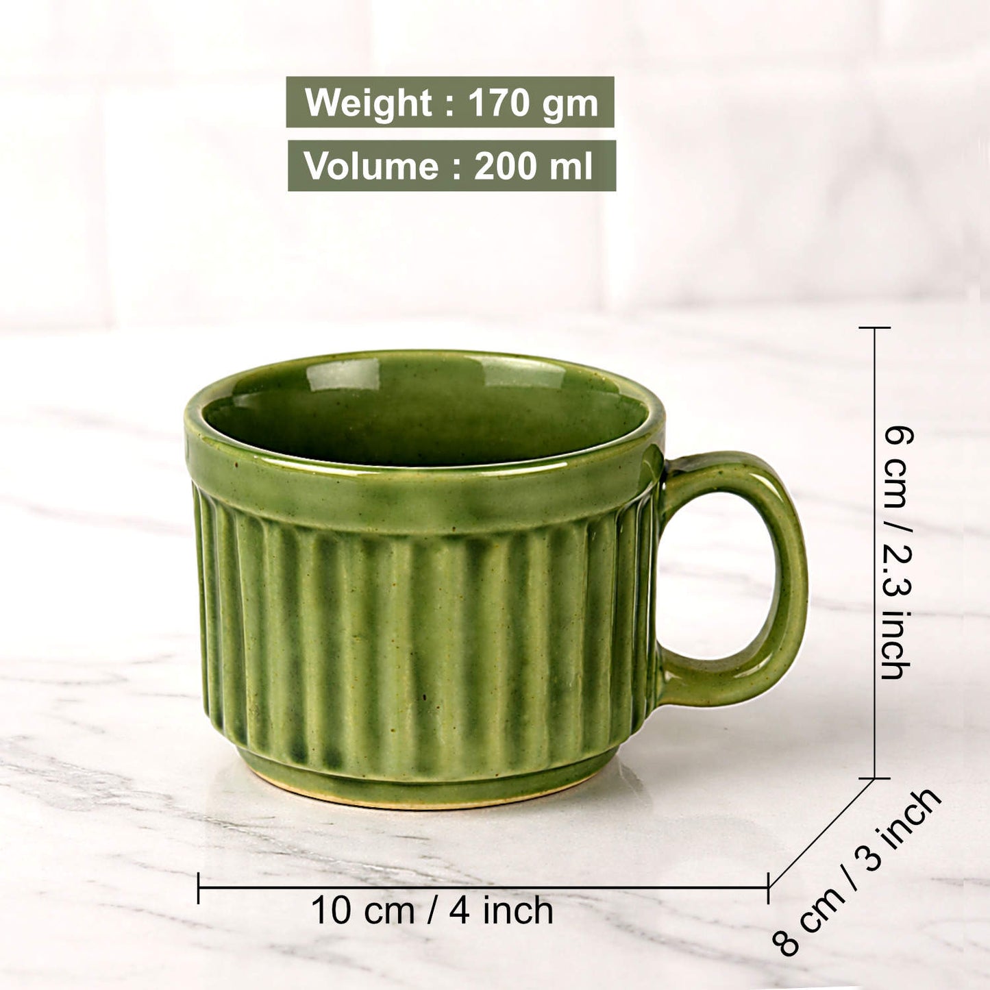 Ceramic Ribbed Tea & Coffee Mugs (200 ml, Set of 6, Green) - View 2