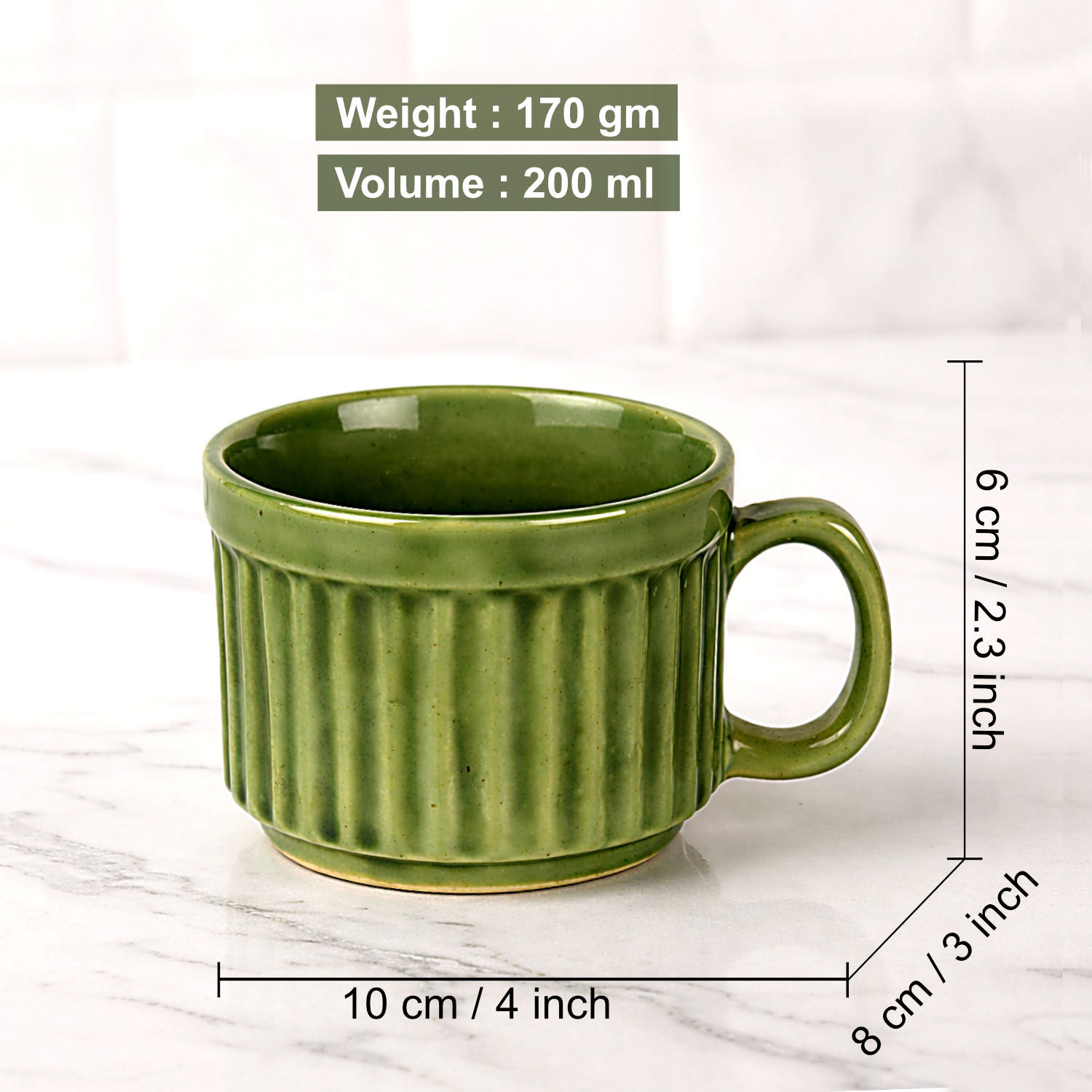 Ceramic Ribbed Tea & Coffee Mugs (200 ml, Set of 6, Green) - View 2