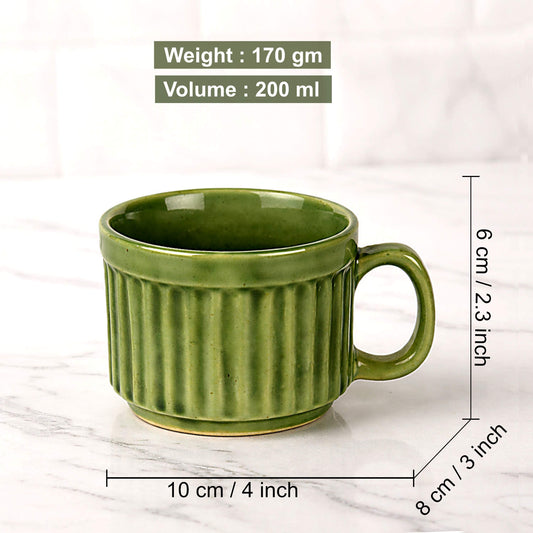 Ceramic Ribbed Tea & Coffee Mugs (200 ml, Set of 6, Green) - View 2