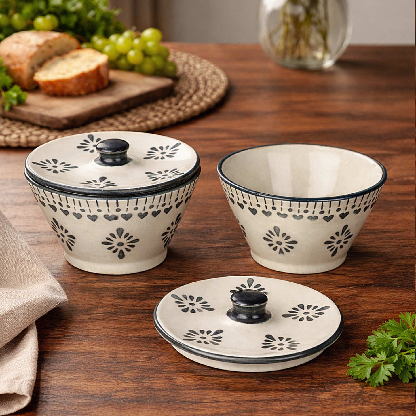 Floral Printed Ceramic Snack Bowls with Lid (Set of 2, 300 ml Each, Off White & Grey)