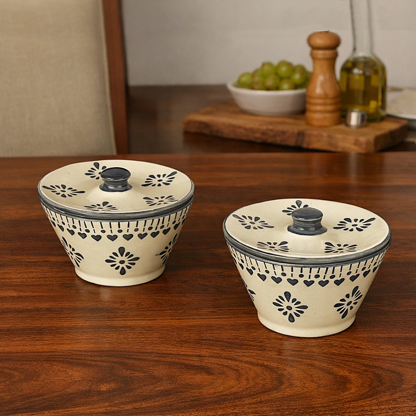 Floral Printed Ceramic Snack Bowls with Lid (Set of 2, 300 ml Each, Off White & Grey)