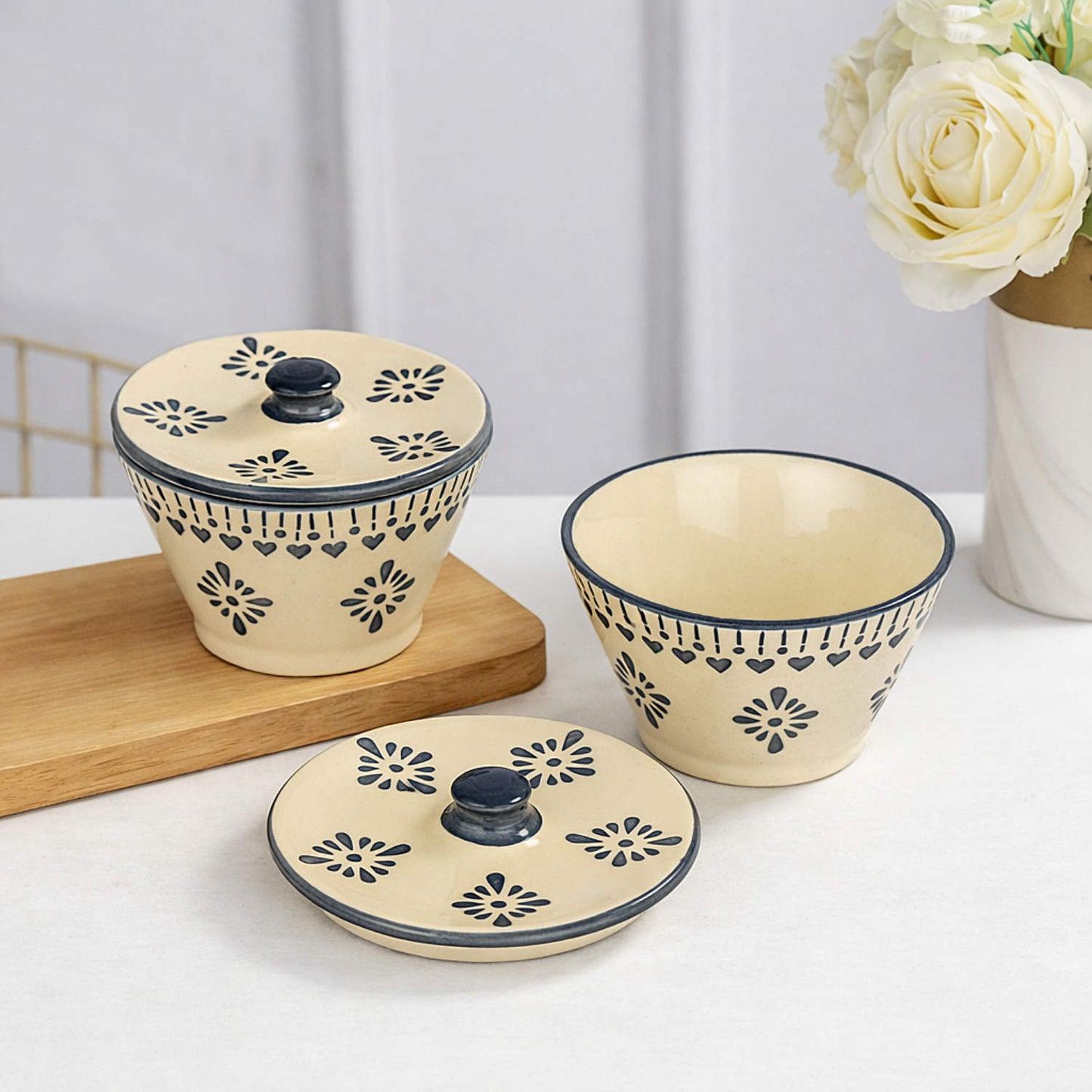 Floral Printed Ceramic Snack Bowls with Lid (Set of 2, 300 ml Each, Off White & Grey)