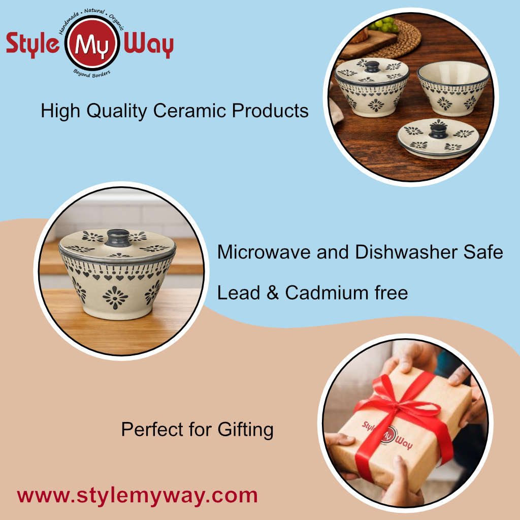 Floral Printed Ceramic Snack Bowls with Lid (Set of 2, 300 ml Each, Off White & Grey)