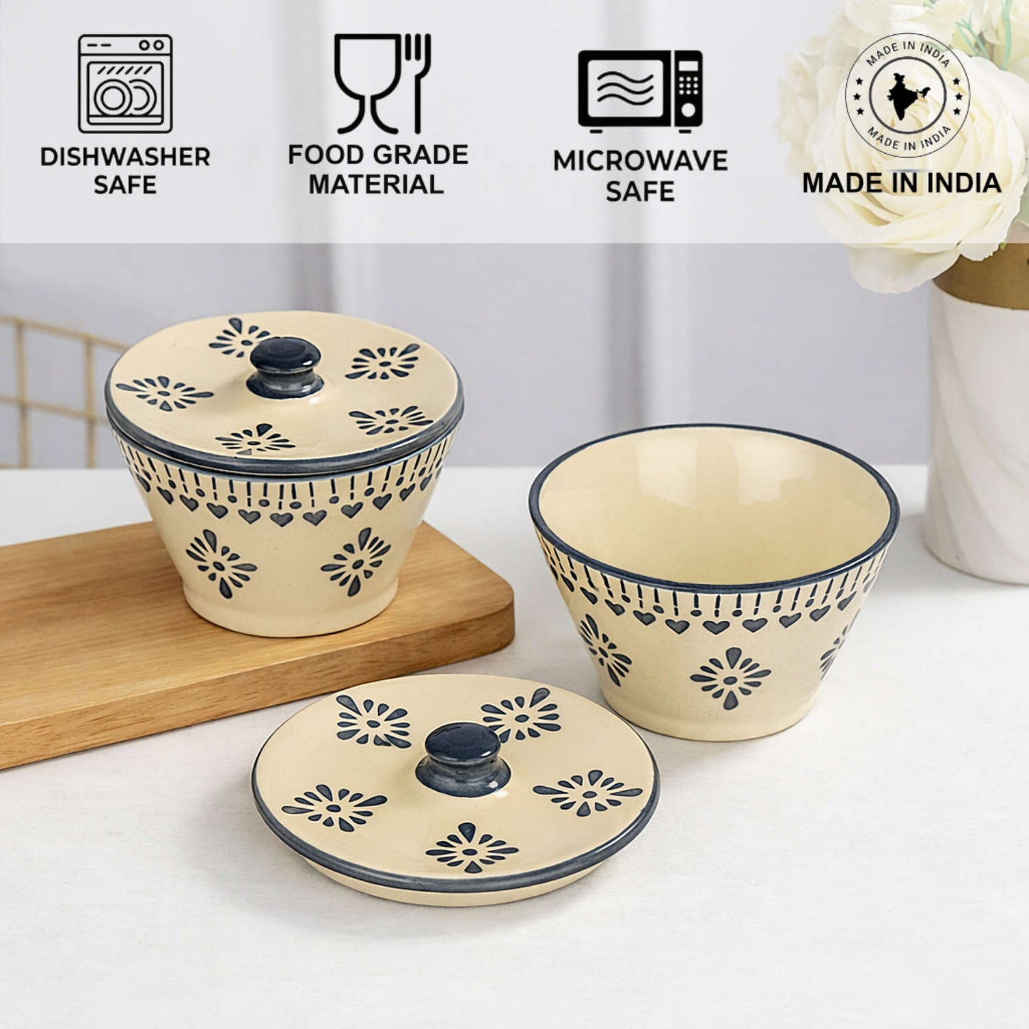 Floral Printed Ceramic Snack Bowls with Lid (Set of 2, 300 ml Each, Off White & Grey)