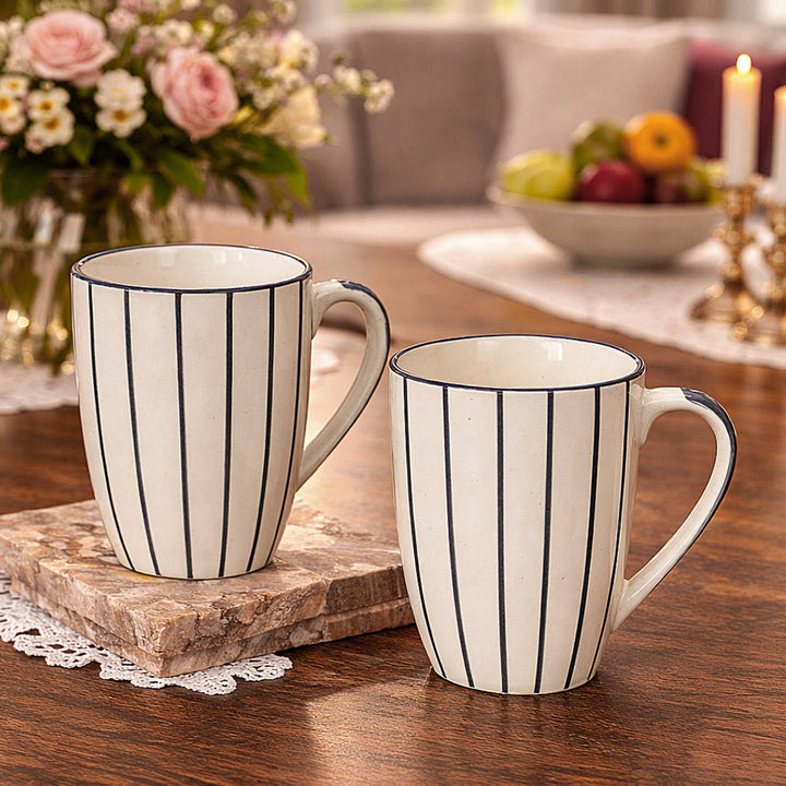 Hand-Painted Ceramic Jumbo Coffee Mugs (400 ml, White & Grey Lines, Set of 2)