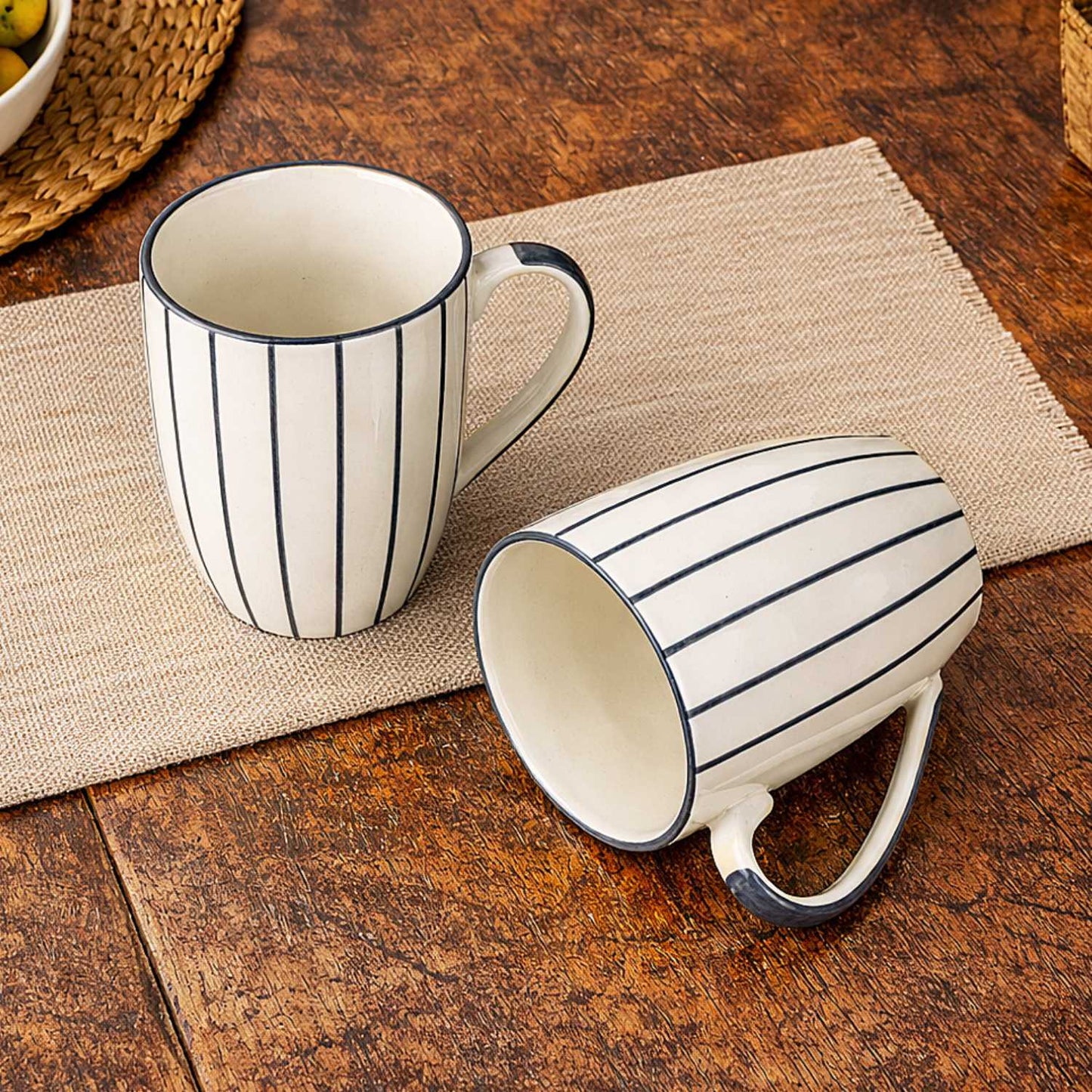 Hand-Painted Ceramic Jumbo Coffee Mugs (400 ml, White & Grey Lines, Set of 2)