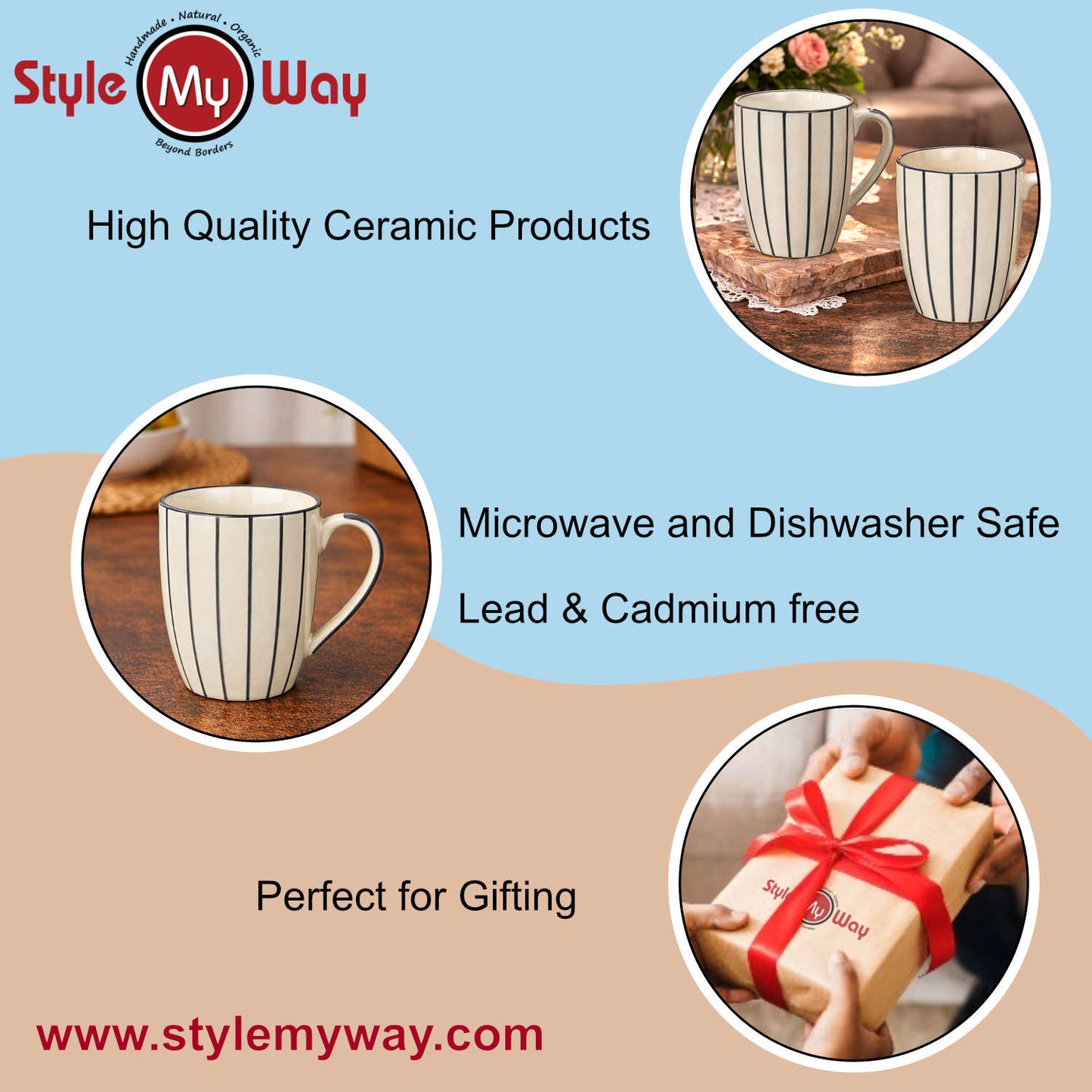 Hand-Painted Ceramic Jumbo Coffee Mugs (400 ml, White & Grey Lines, Set of 2)
