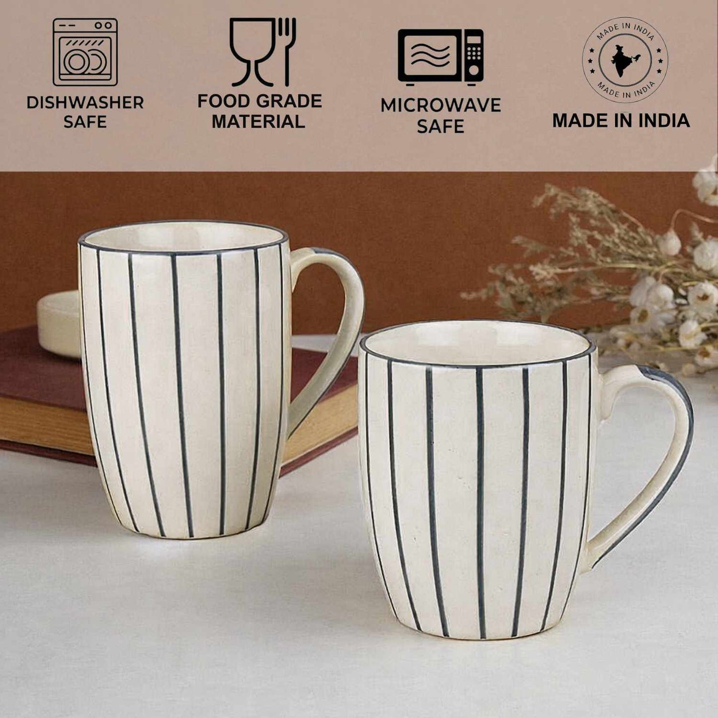 Hand-Painted Ceramic Jumbo Coffee Mugs (400 ml, White & Grey Lines, Set of 2)