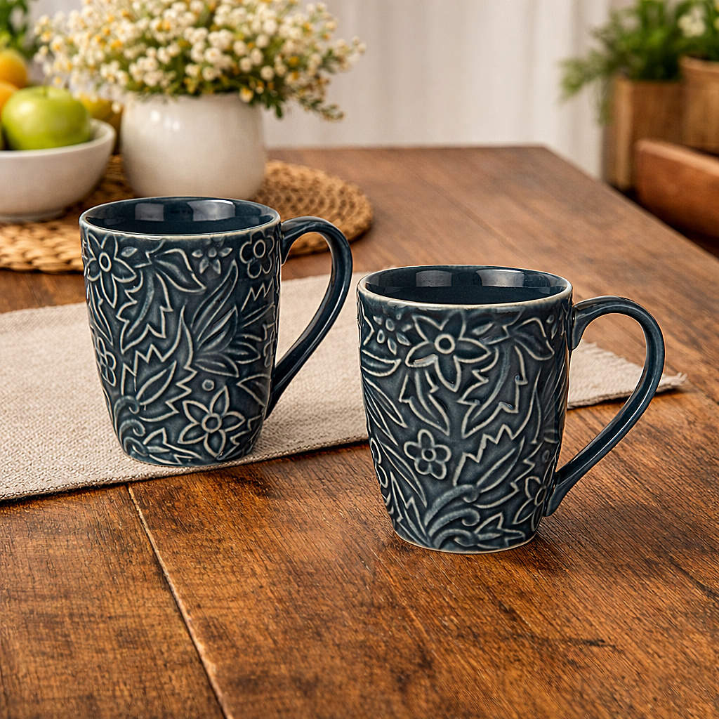 Studio Pottery Embossed Floral Ceramic Coffee Mugs (300 ml, Grey, Set of 2)