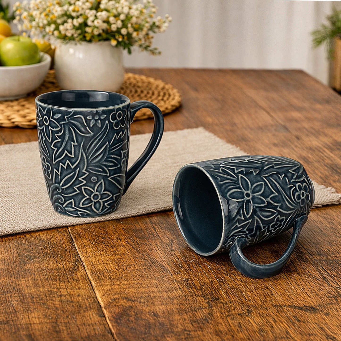 Studio Pottery Embossed Floral Ceramic Coffee Mugs (300 ml, Grey, Set of 2)