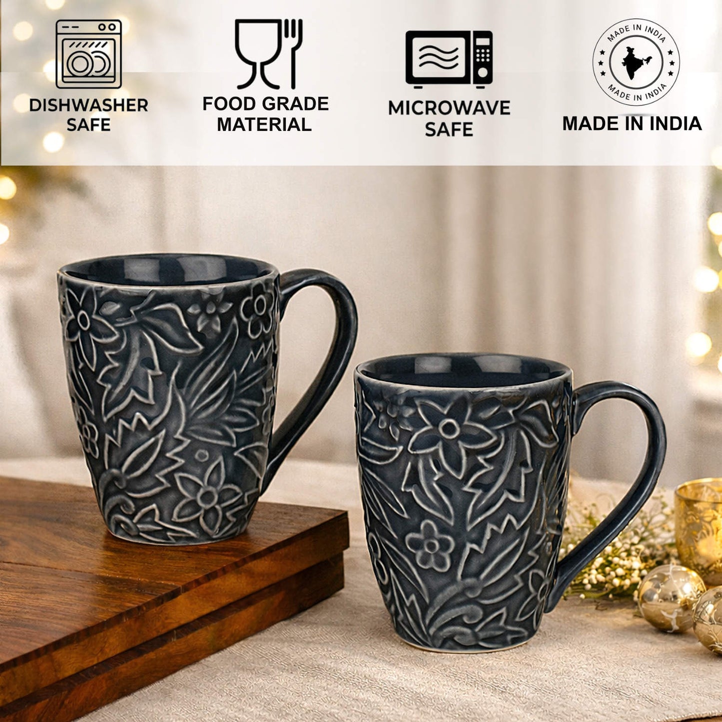 Studio Pottery Embossed Floral Ceramic Coffee Mugs (300 ml, Grey, Set of 2)
