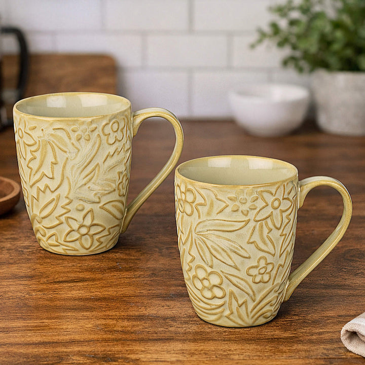 Studio Pottery Embossed Floral Ceramic Coffee Mugs (300 ml, Cream, Set of 2)