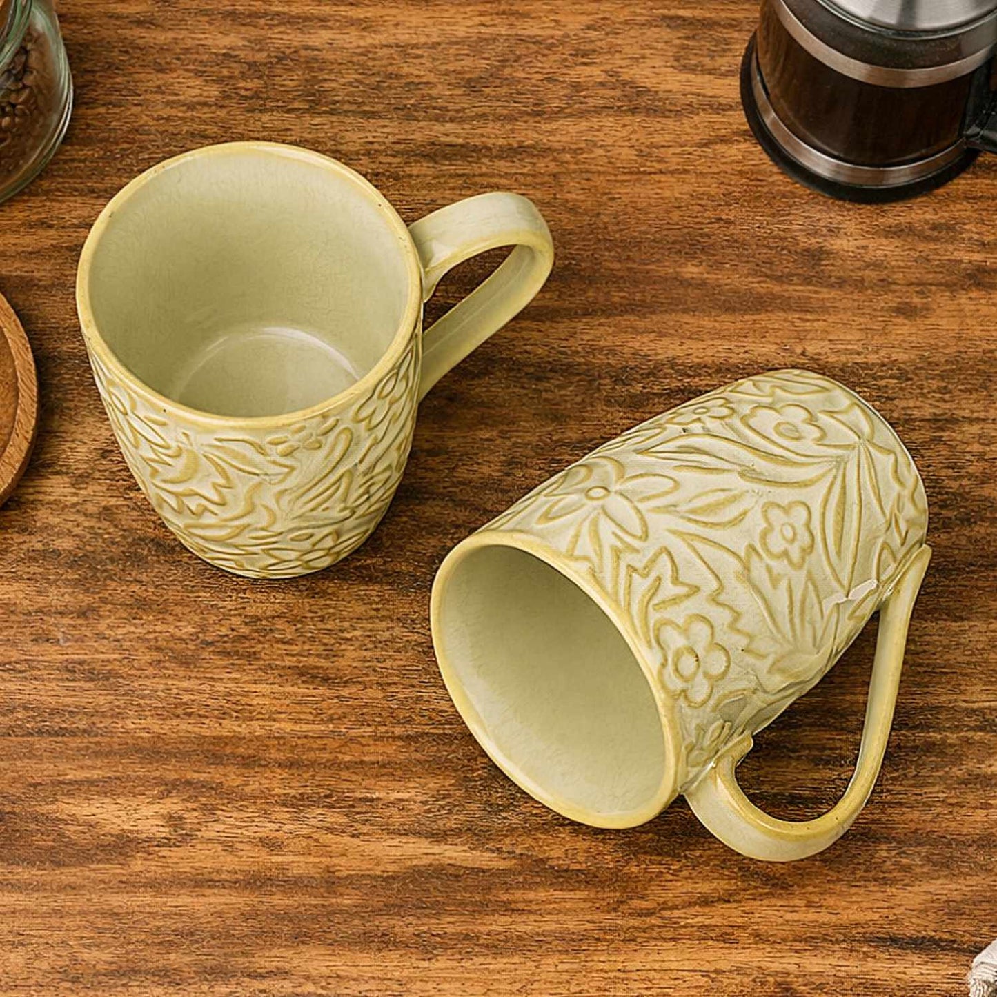 Studio Pottery Embossed Floral Ceramic Coffee Mugs (300 ml, Cream, Set of 2)
