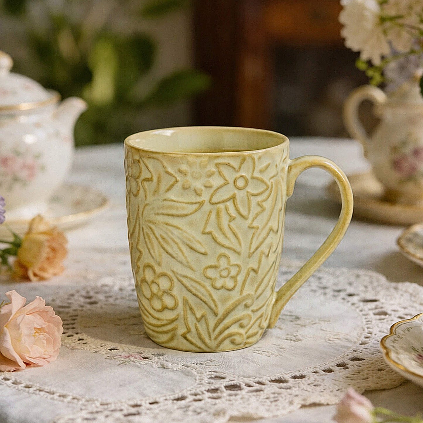Studio Pottery Embossed Floral Ceramic Coffee Mugs (300 ml, Cream, Set of 2)