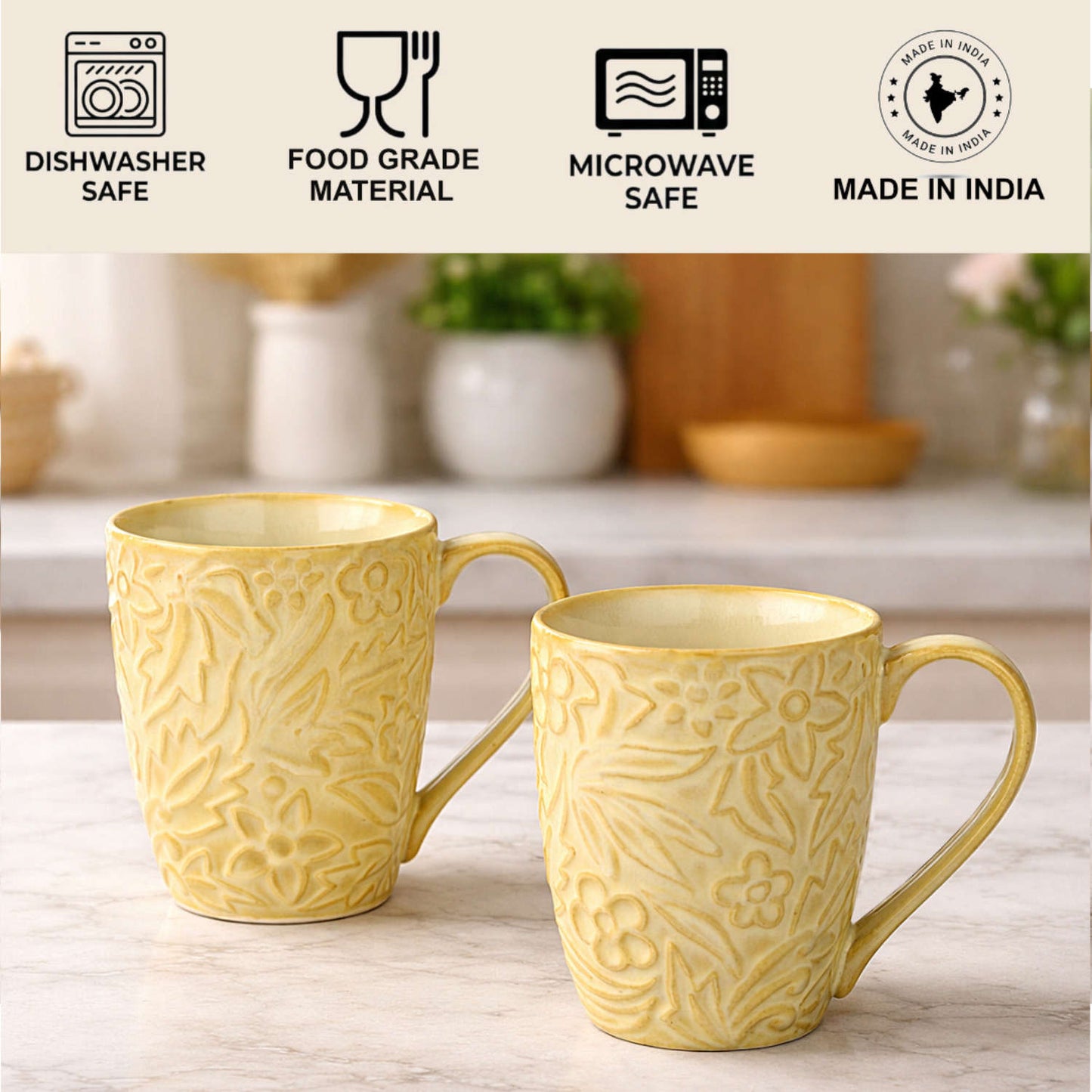 Studio Pottery Embossed Floral Ceramic Coffee Mugs (300 ml, Cream, Set of 2)