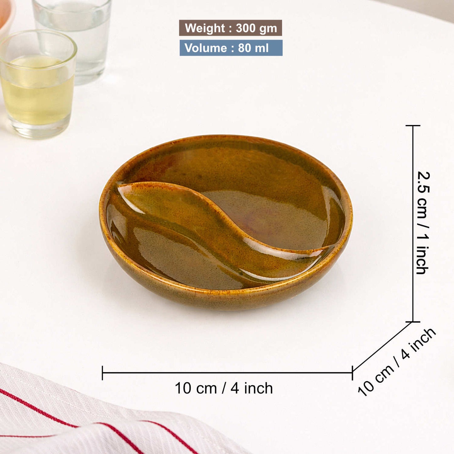 Studio Pottery Ceramic Partition Dip Bowls (Set of 2, 80 ml Each, Rustic Olive Brown)