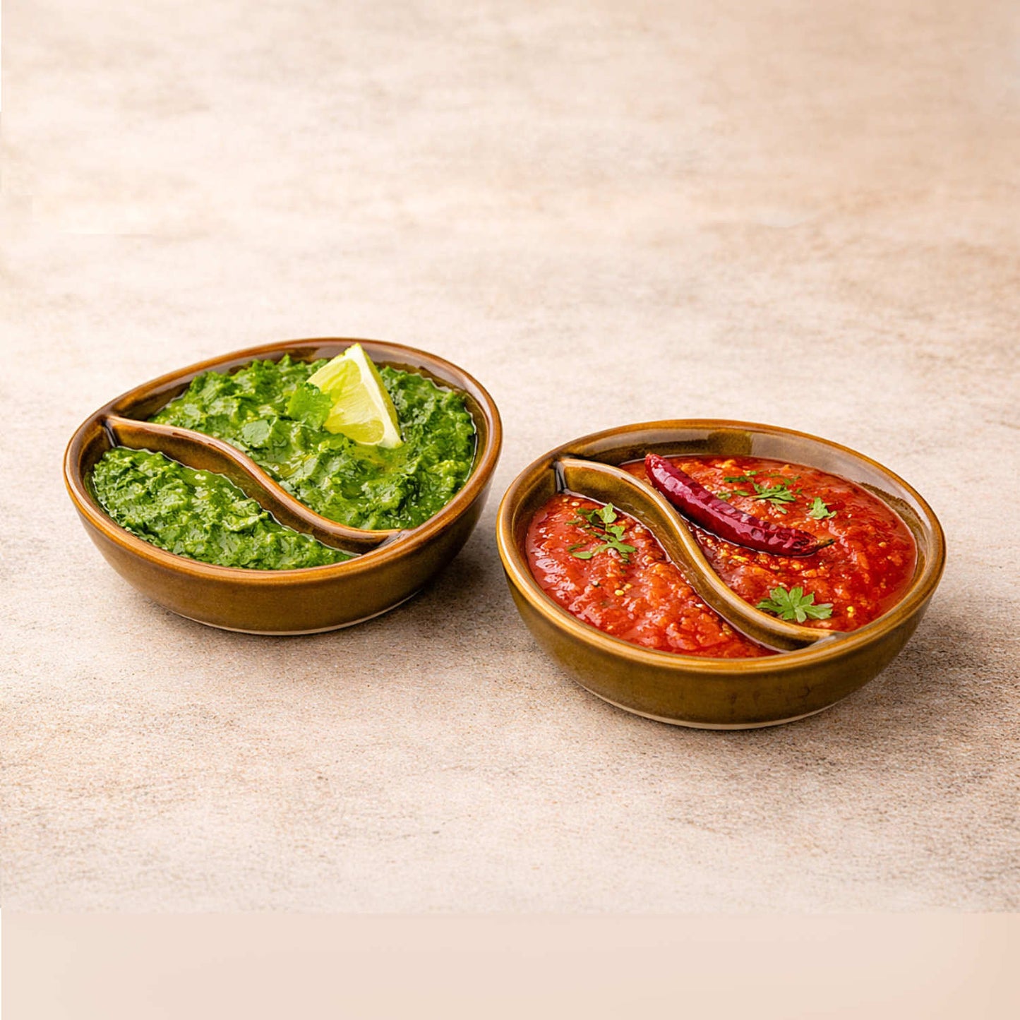 Studio Pottery Ceramic Partition Dip Bowls (Set of 2, 80 ml Each, Rustic Olive Brown)