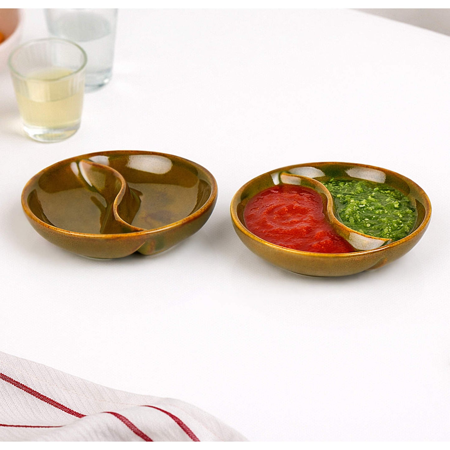 Studio Pottery Ceramic Partition Dip Bowls (Set of 2, 80 ml Each, Rustic Olive Brown)