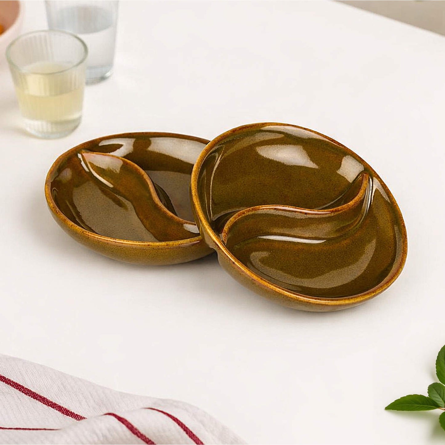 Studio Pottery Ceramic Partition Dip Bowls (Set of 2, 80 ml Each, Rustic Olive Brown)
