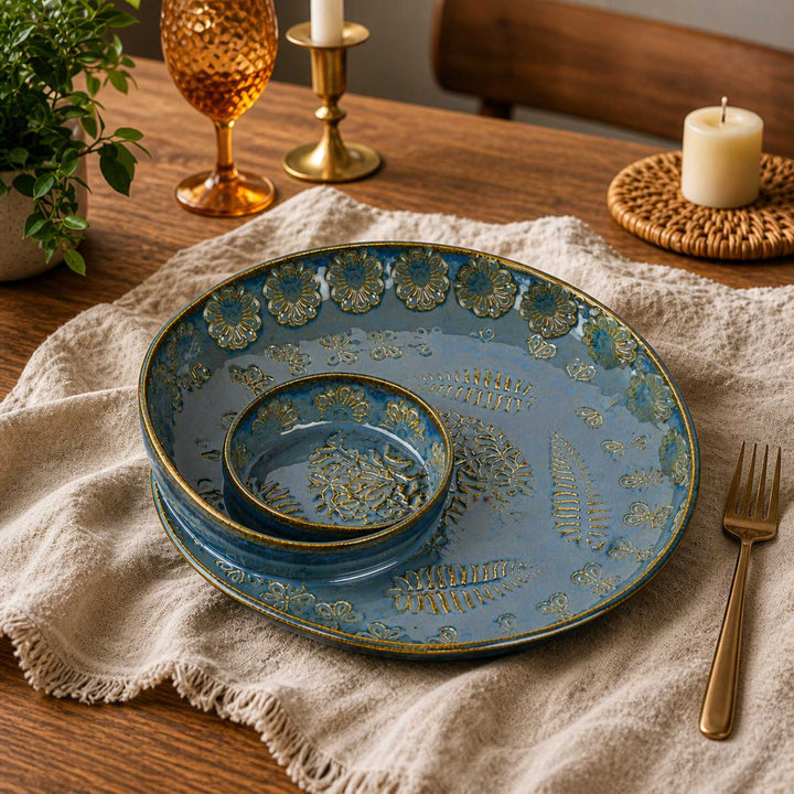 Luxurious Hand Embossed Ceramic Chip and Dip Platter with Fixed Dip Bowl (Dove Blue, 10.5 inches, 868 gm)