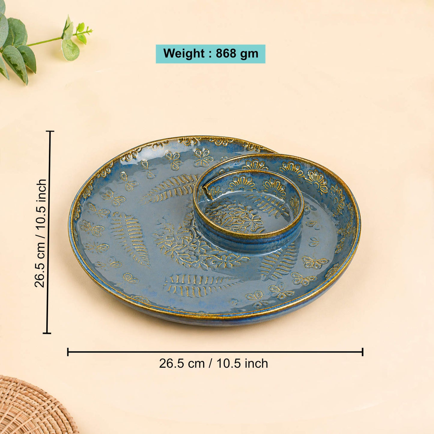 Luxurious Hand Embossed Ceramic Chip and Dip Platter with Fixed Dip Bowl (Dove Blue, 10.5 inches, 868 gm)