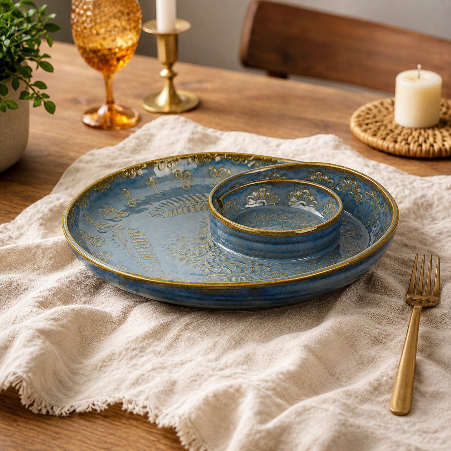 Luxurious Hand Embossed Ceramic Chip and Dip Platter with Fixed Dip Bowl (Dove Blue, 10.5 inches, 868 gm)