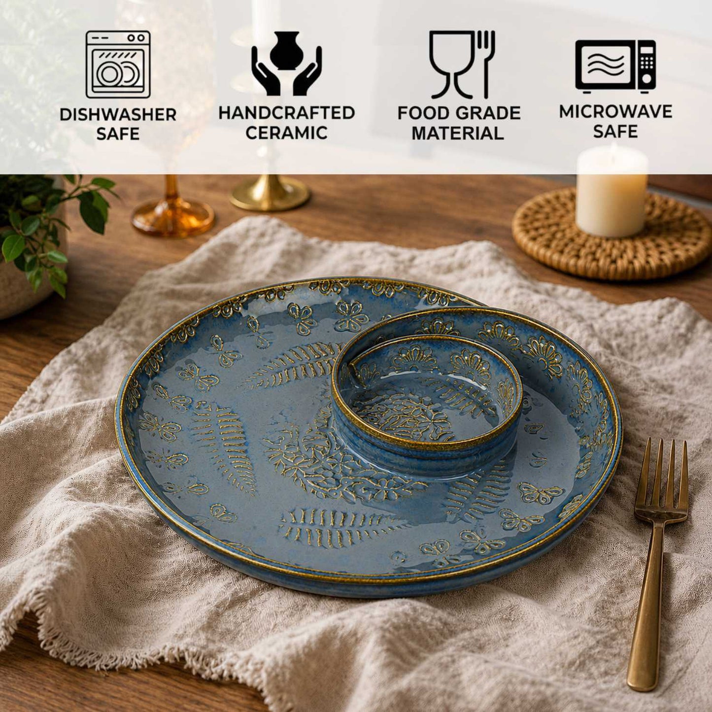 Luxurious Hand Embossed Ceramic Chip and Dip Platter with Fixed Dip Bowl (Dove Blue, 10.5 inches, 868 gm)