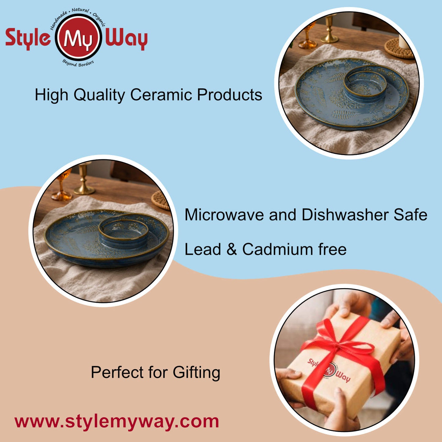 Luxurious Hand Embossed Ceramic Chip and Dip Platter with Fixed Dip Bowl (Dove Blue, 10.5 inches, 868 gm)