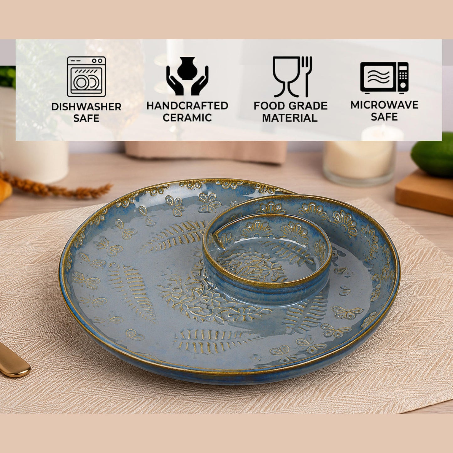 Luxurious Hand Embossed Ceramic Chip and Dip Platter with Fixed Dip Bowl (Dove Blue, 10.5 inches, 868 gm)