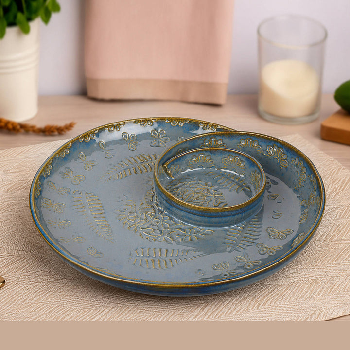 Luxurious Hand Embossed Ceramic Chip and Dip Platter with Fixed Dip Bowl (Dove Blue, 10.5 inches, 868 gm)