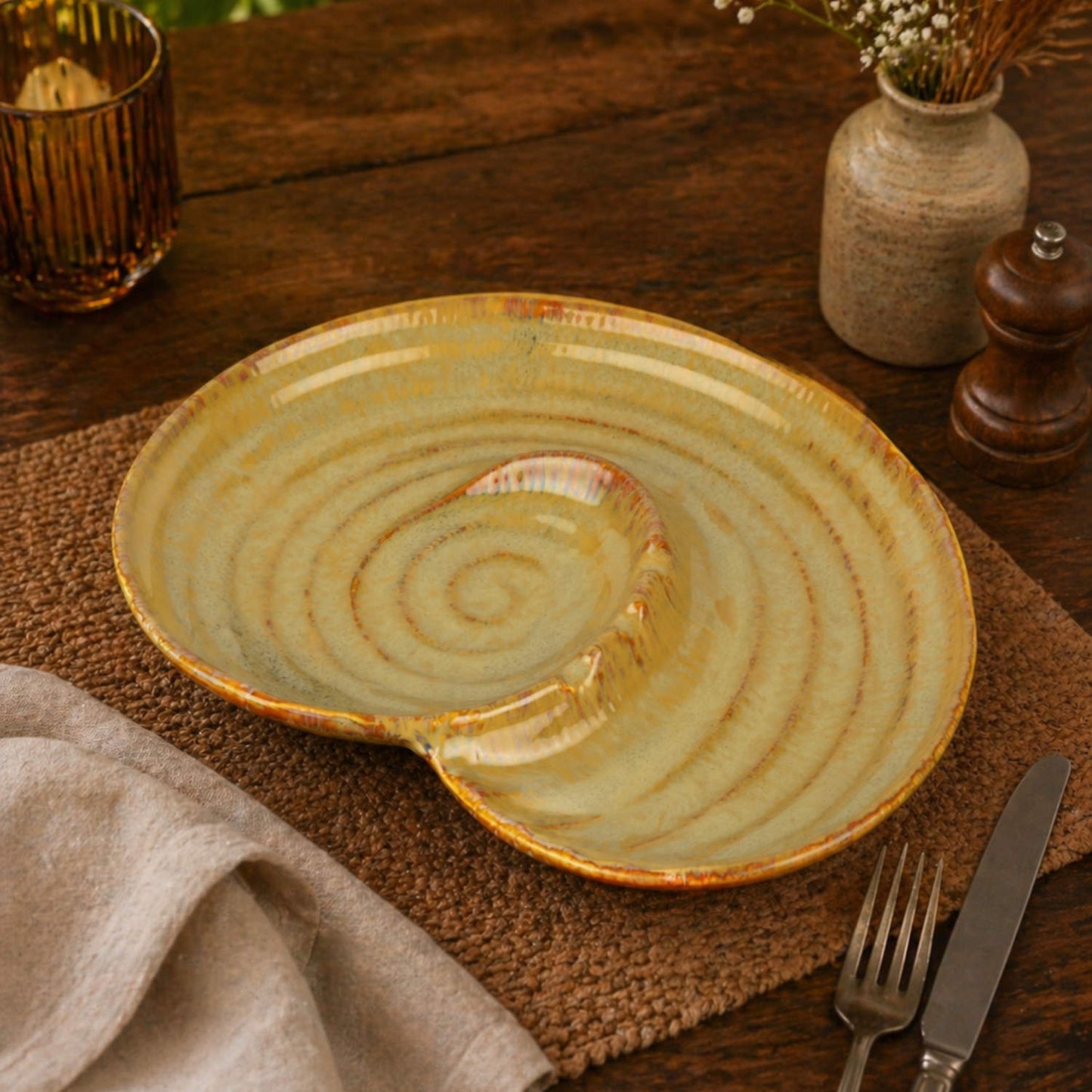 Handcrafted Nautilus Shell Serving Platter (Sand Beige with Caramel Brown Accents, 28.5 cm, 980 gm)
