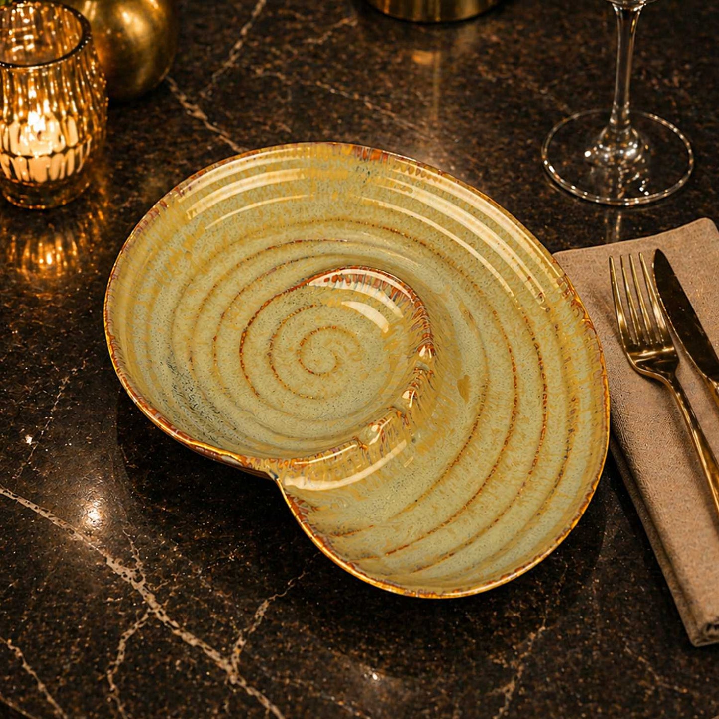 Handcrafted Nautilus Shell Serving Platter (Sand Beige with Caramel Brown Accents, 28.5 cm, 980 gm)